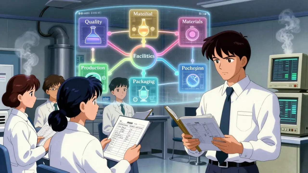 Employees presenting batch records to an inspector while a holographic 6-system flowchart glows behind them.