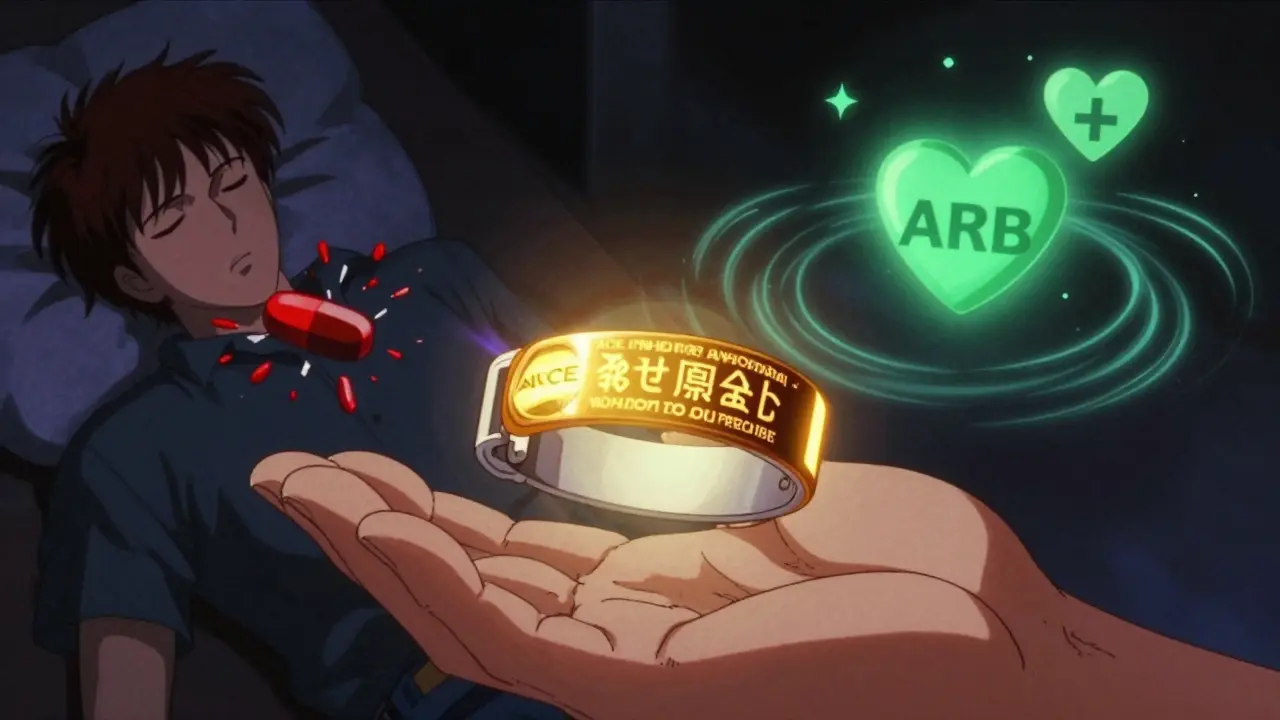 Glowing medical alert bracelet with warning text, split scene of dangerous pill vs safe alternative.