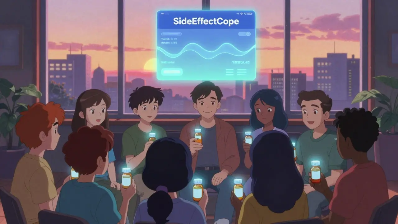 Group of people in support circle with glowing auras and a digital app above them in retro anime style.