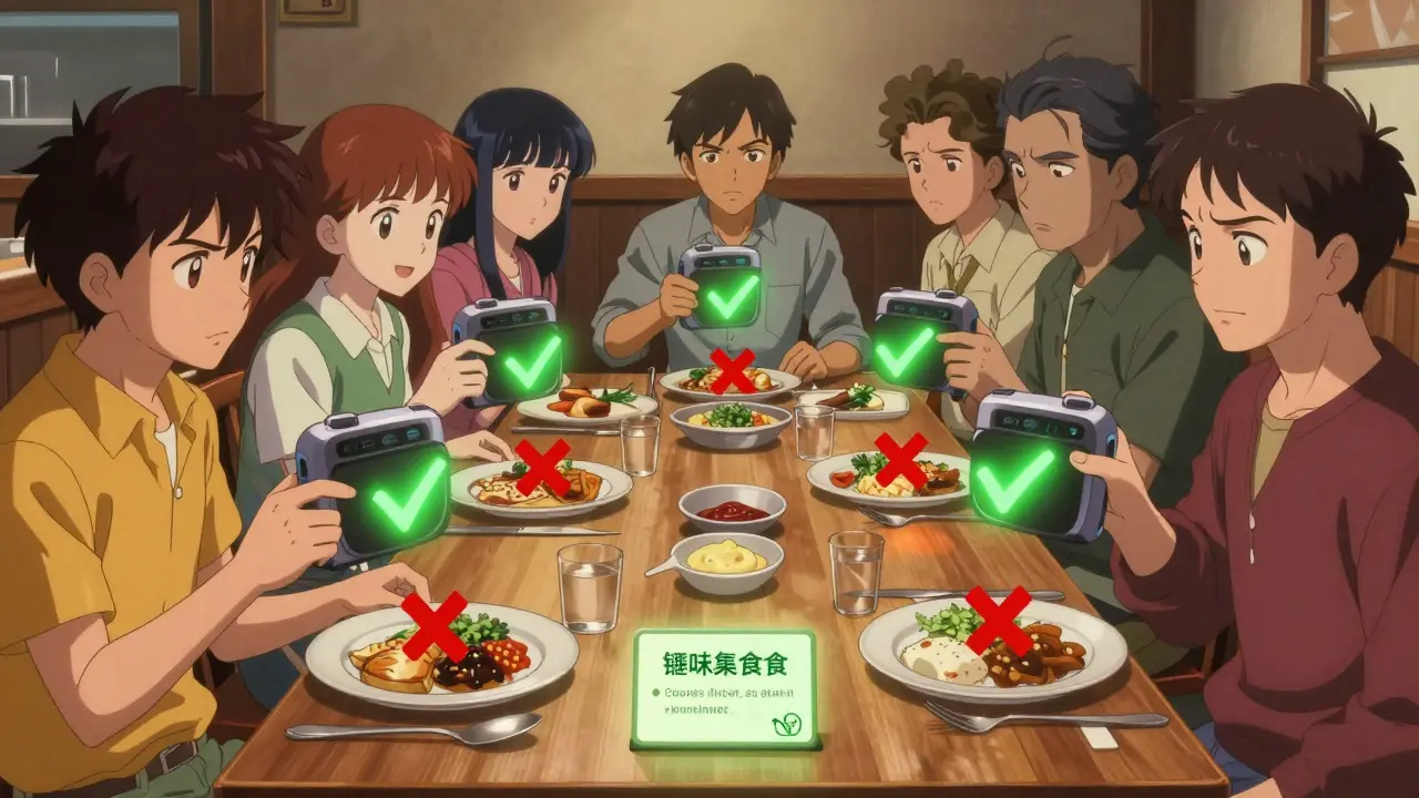 Group using Nima sensors at restaurant, glowing checkmarks and X’s above their meals.