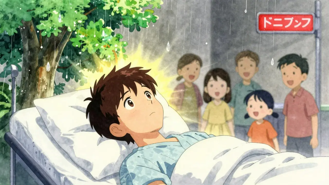 Patient experiencing vivid colors returning after cataract surgery, eyes wide with wonder.