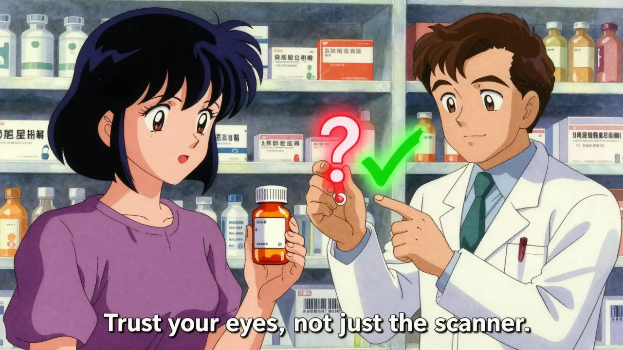 Patient holding new pill while pharmacist points to scanner, pill glows red with question mark.