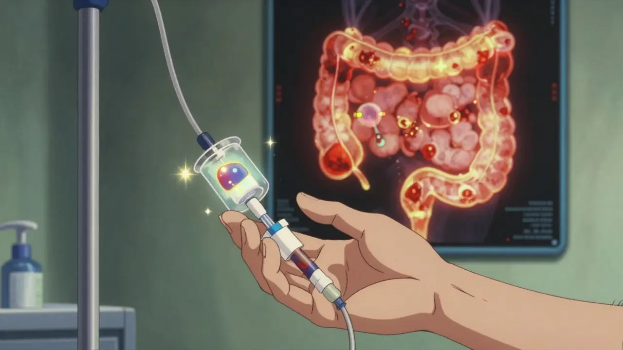 Person receiving IV iron infusion with glowing nutrient molecules and healing intestine in background.