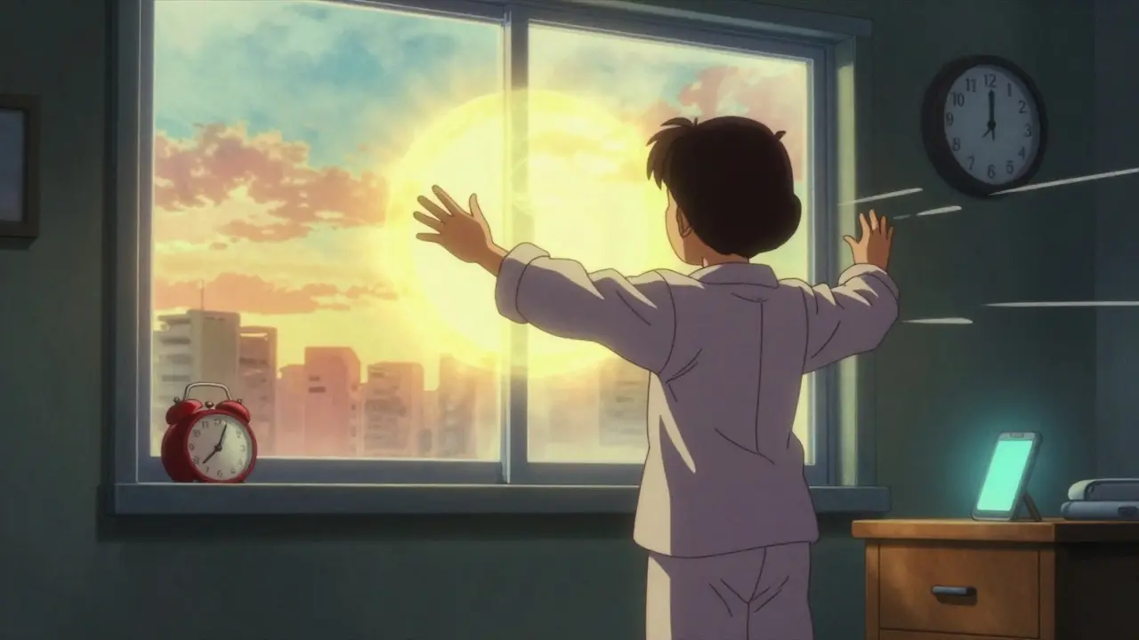 Person receiving morning light therapy as alarm clocks and dying phone screen fade