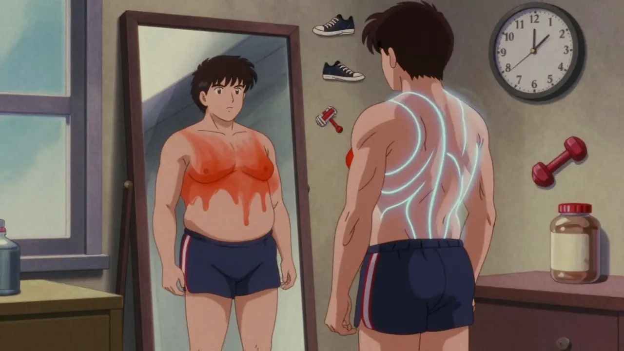 Person seeing muscle growth and fat loss in mirror, nostalgic anime aesthetic