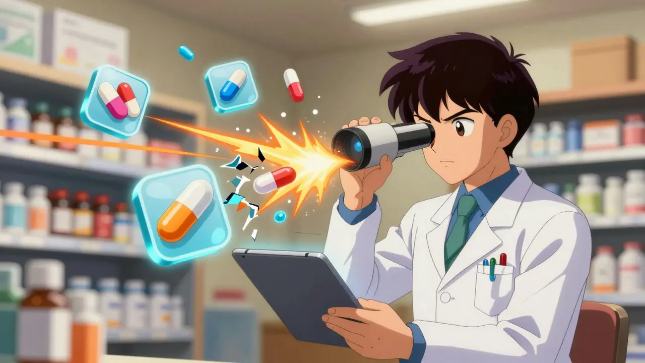 Pharmacist scanning pills with digital interaction sparks flying from conflicting medications.