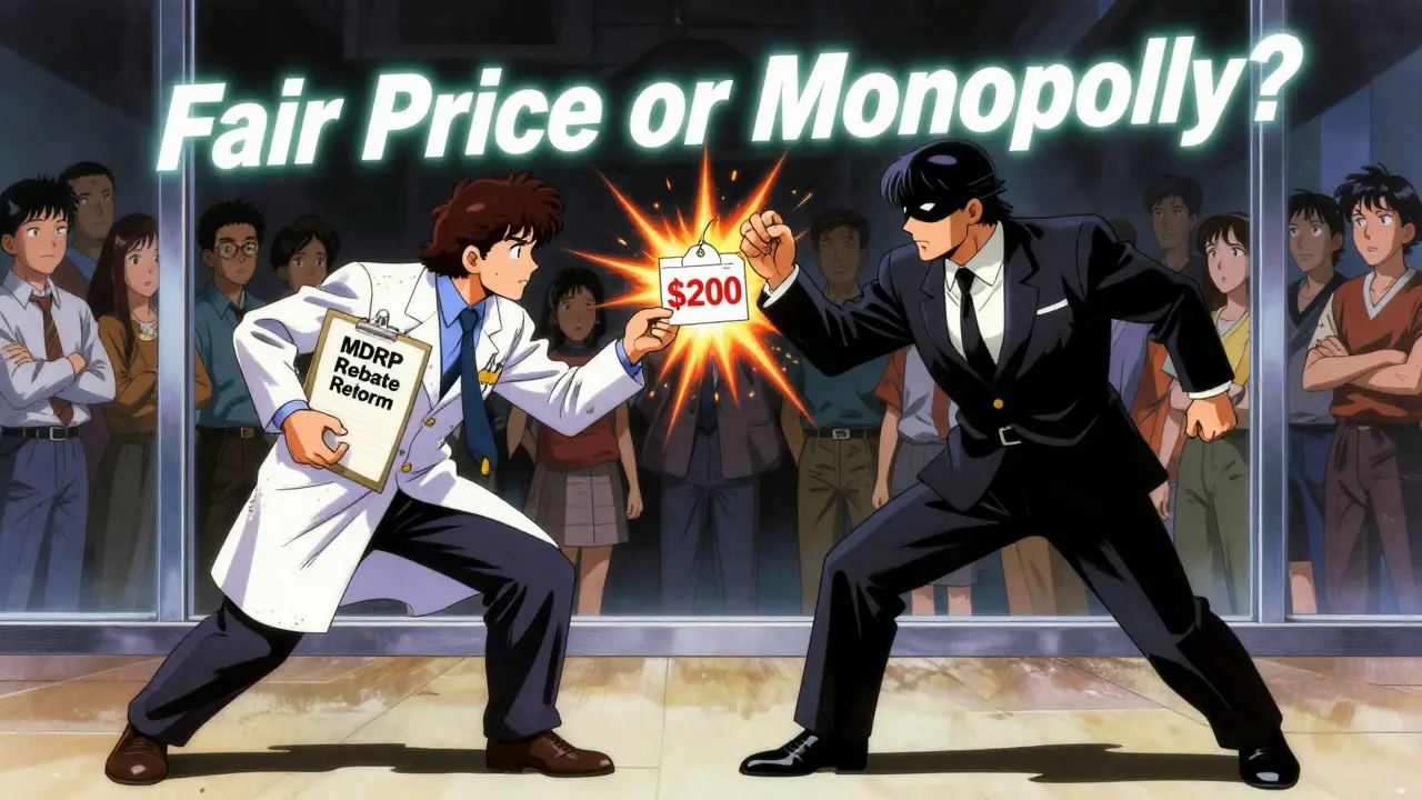 Regulator confronting a pharmaceutical executive over inflated generic drug prices.