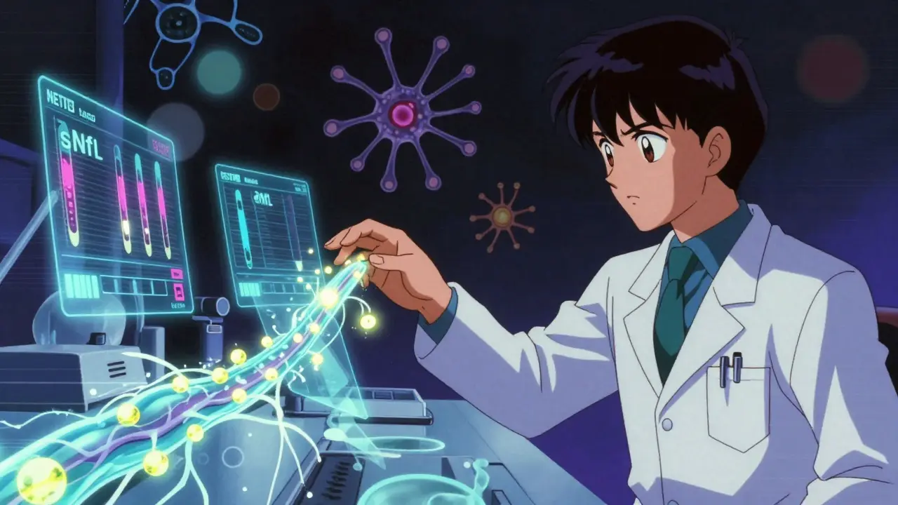 Scientist reaching toward glowing regenerating myelin in futuristic lab with holograms.