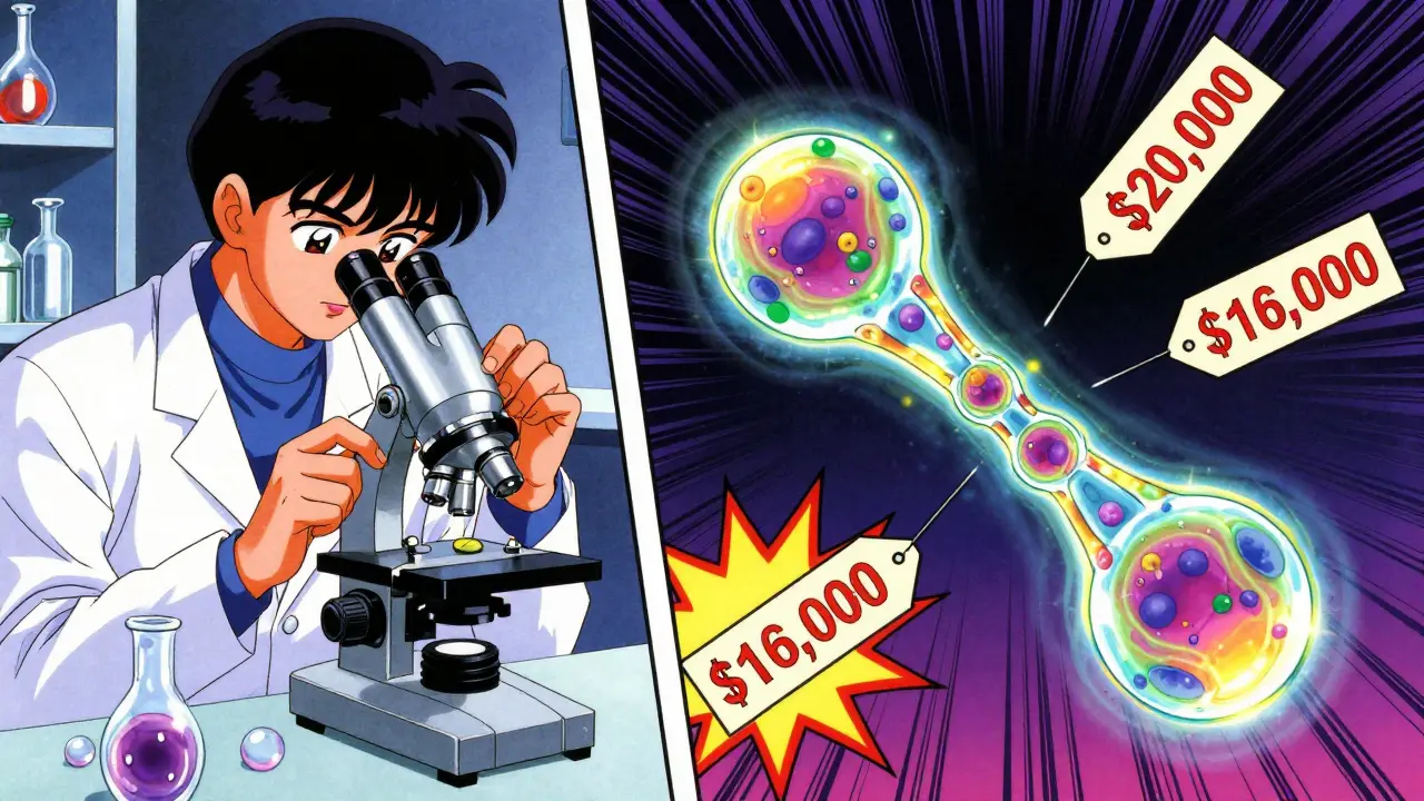 Scientist working with living cells beside a price drop graphic, showing biosimilar development process.