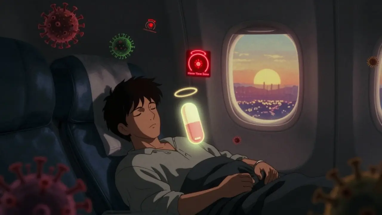 Sleeping traveler surrounded by alarm icons and a glowing HIV pill, virus molecules forming in shadows.