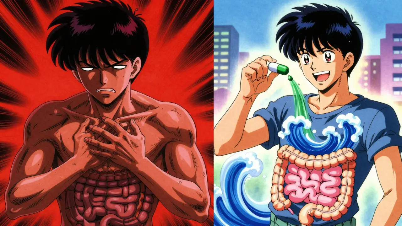 Split anime panel showing IBS discomfort transforming into relief as menthol flows through the gut.