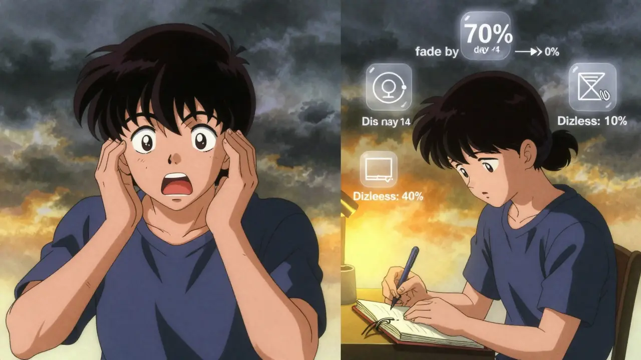 Split scene of anxious person vs. calm journaler with floating statistics in retro anime style.