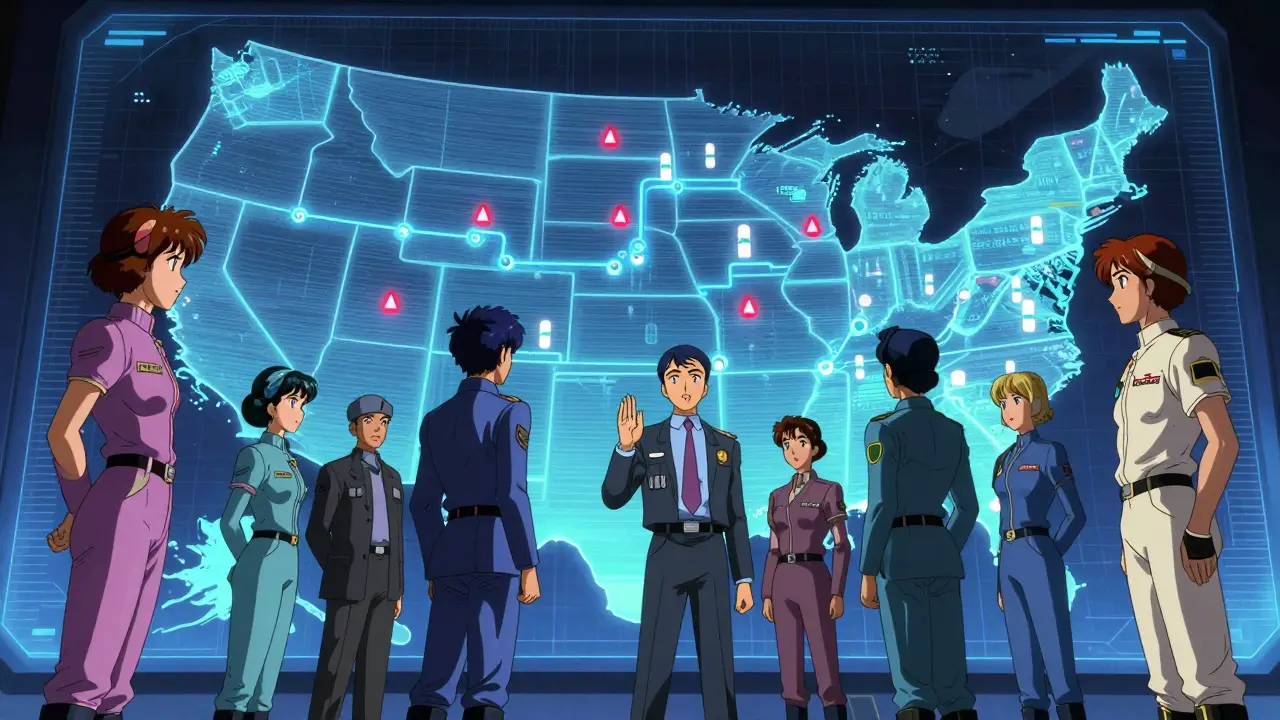 State officials using a holographic map to coordinate multi-state generic drug purchases.