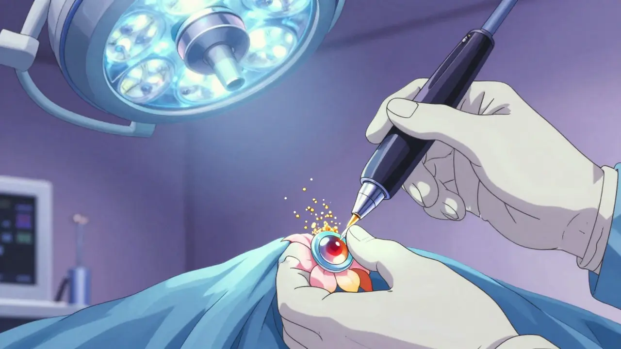 Surgeon's hands performing cataract surgery with a glowing lens being replaced by a foldable implant.