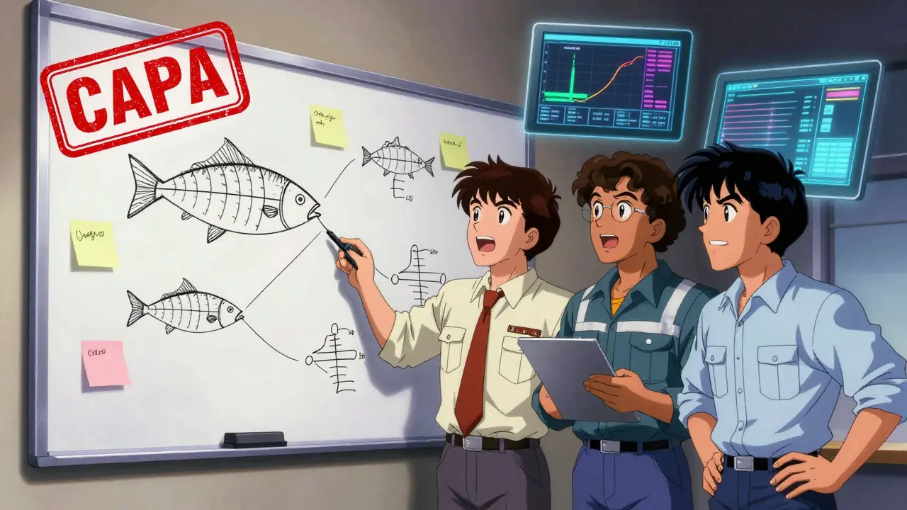 Team analyzing a fishbone diagram on a whiteboard with digital data streams in retro anime style.