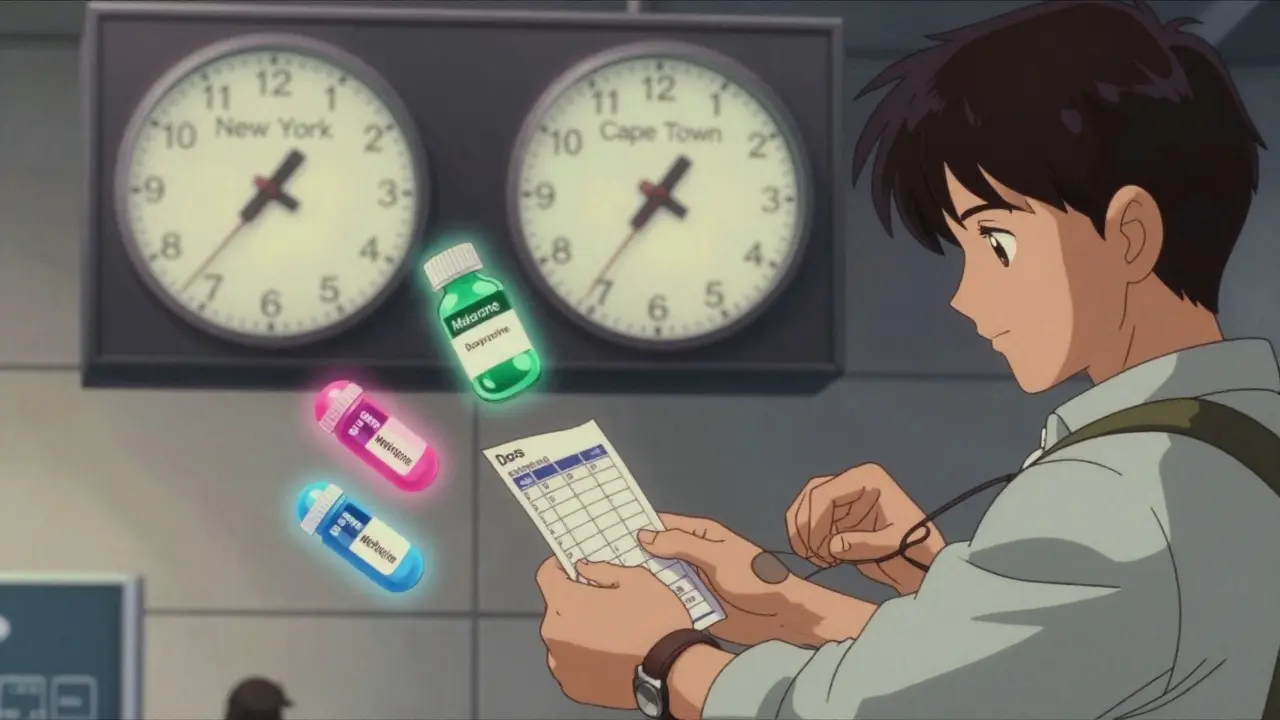 Traveler reviewing a dosing chart at an airport as antimalarial pills float in the air with glowing labels.