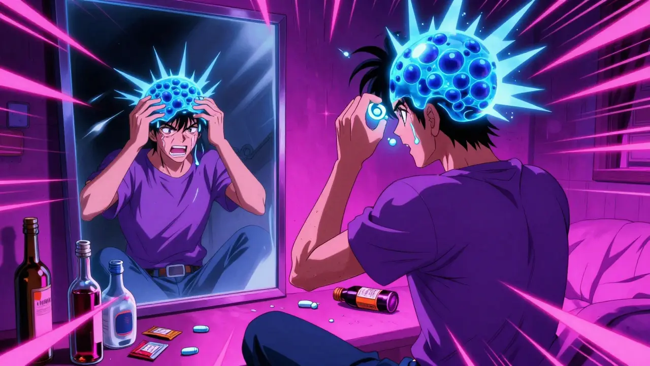 Young man crushing tramadol tablets as serotonin lightning explodes from his skull, reflection shows seizure, alcohol bottles on floor.