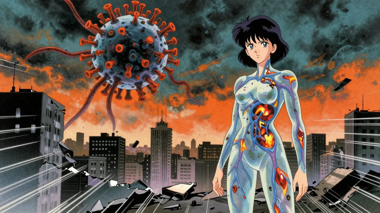 Young woman with translucent body showing nerve damage, giant virus looming in stormy sky.