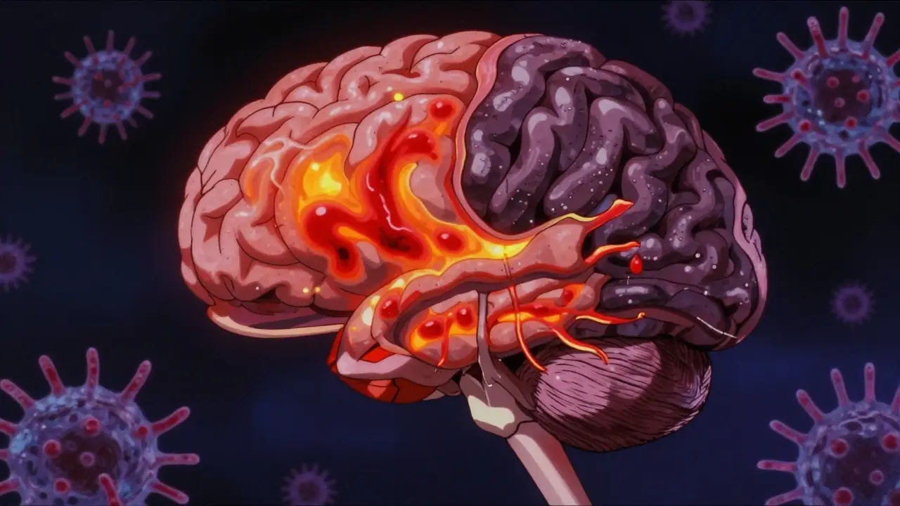 A cross-section of a brain showing inflammation and atrophy, with microglia damaging nerve fibers in retro anime style.