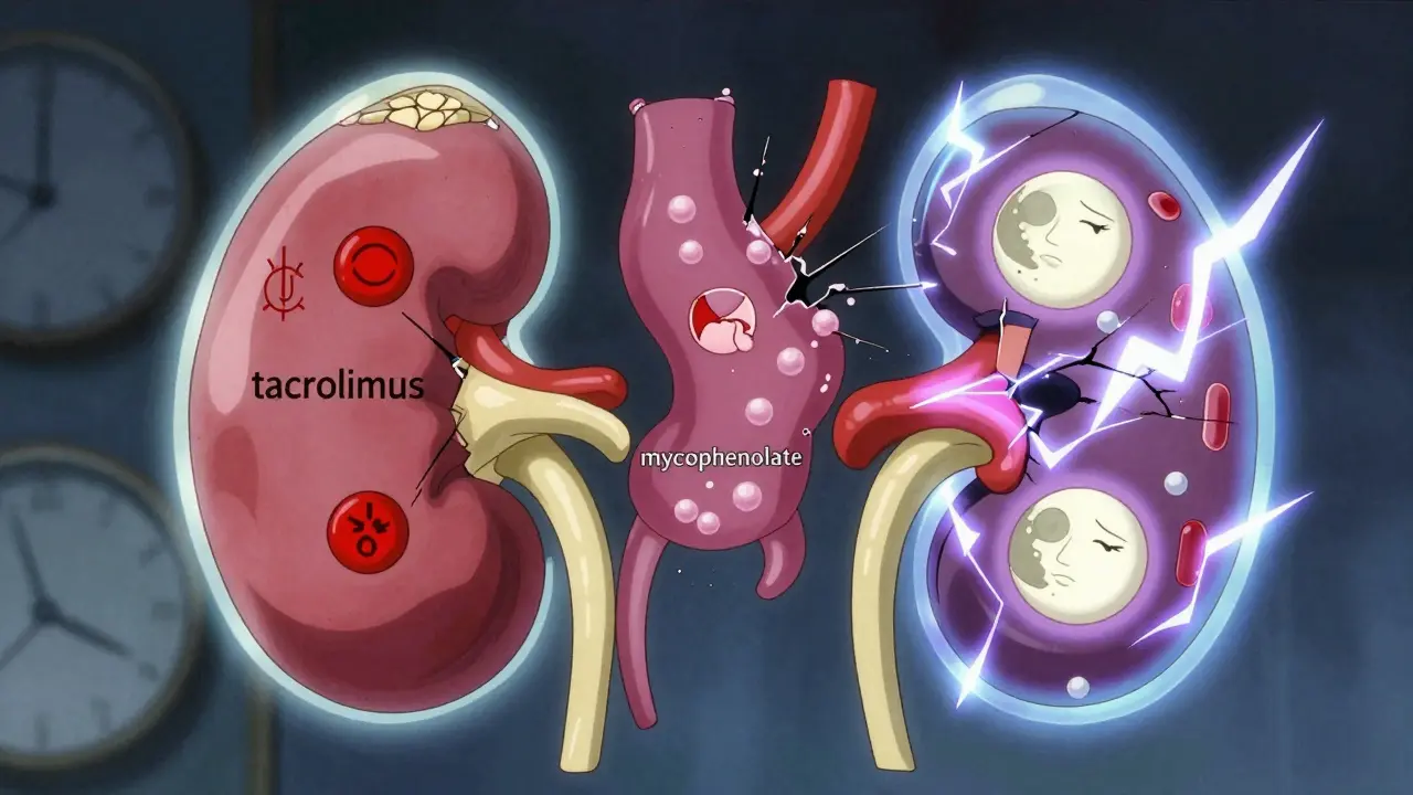 A kidney protected by three layered shields showing drug actions and side effects with glowing outlines.