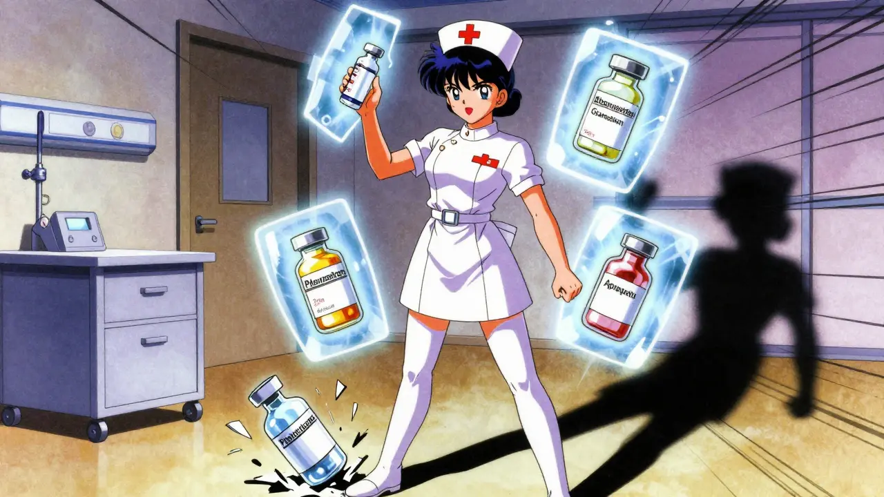 A nurse holding a safe antiemetic as alternatives glow around her, while a dangerous IV bottle breaks.