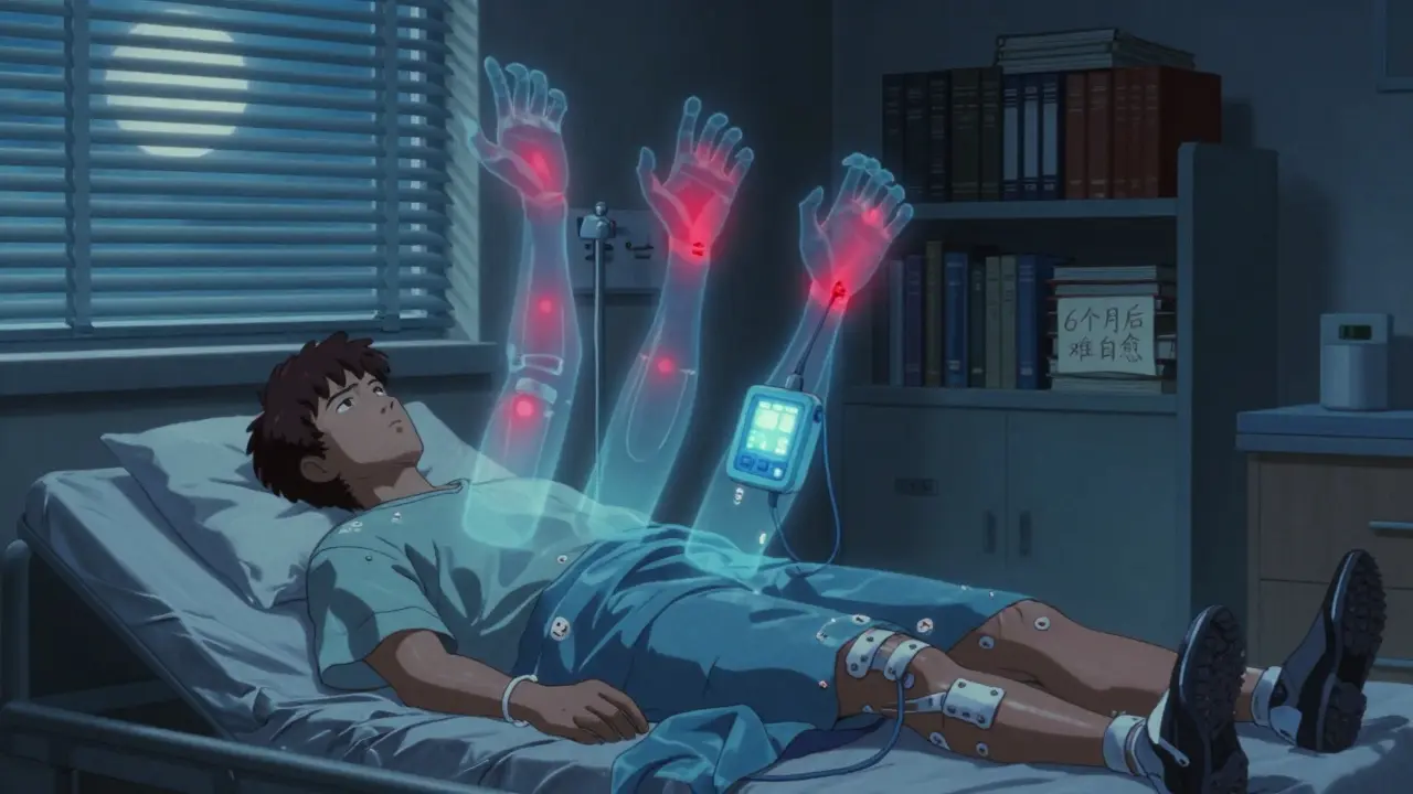 A patient in bed with glowing TENS electrodes and fading pain signals above their stump.