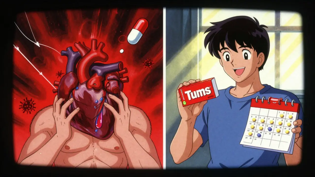 A patient’s emotional journey from dangerous drug interaction to safe dosing, shown in split-panel retro anime style.