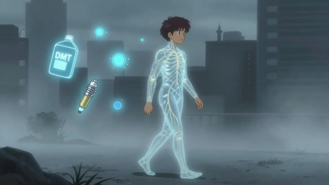 A person walking as their internal nerve pathways fade, with symbols of old and new MS treatments around them in retro anime style.
