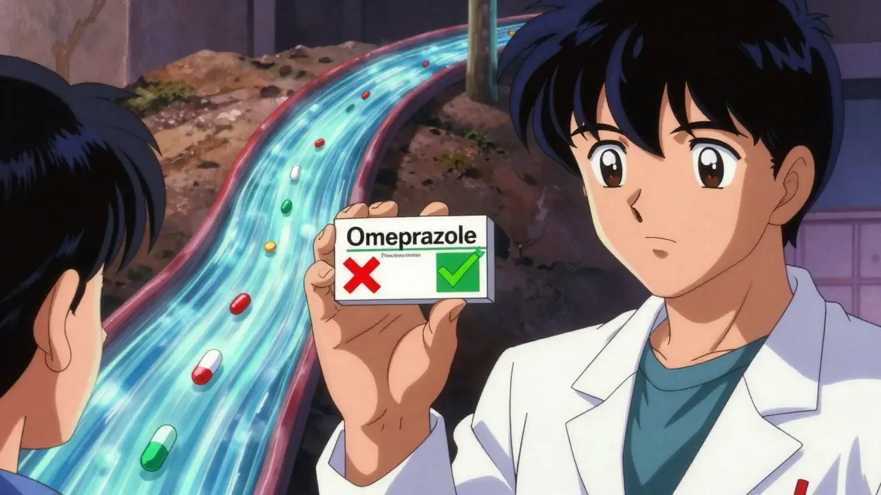 A pharmacist comparing two acid-reducing pills with glowing pathways showing drug absorption differences.