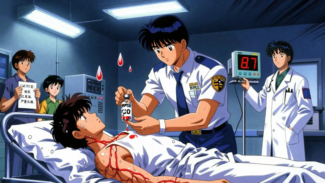 Emergency medical team administers clotting agent to patient with high INR reading in a hospital ER.