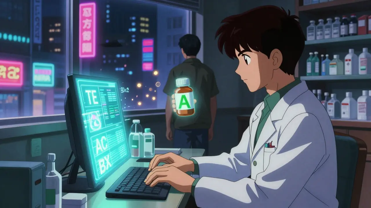 Pharmacist at terminal viewing holographic TE codes, cityscape glowing outside window.