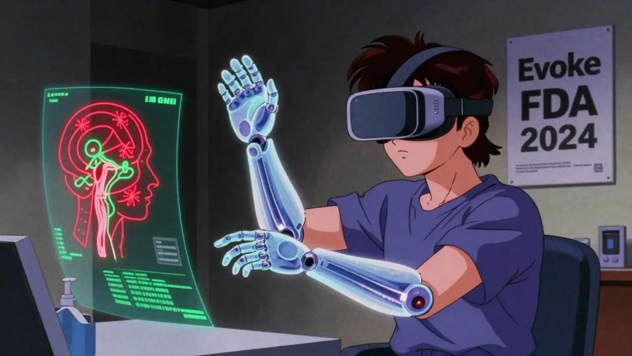 Someone wearing a VR headset watching a digital phantom limb move harmlessly in virtual space.