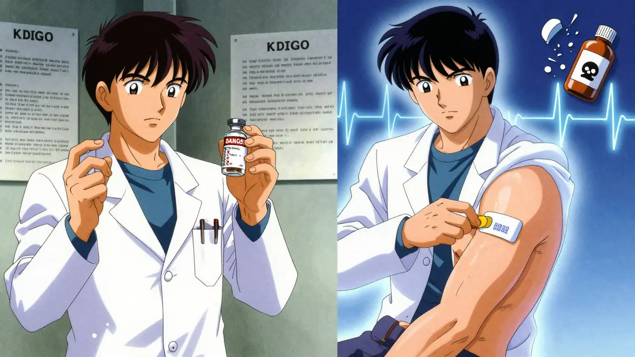 Split scene: doctor choosing dangerous morphine vs. safe buprenorphine, with warning glyphs and stable ECG waves.