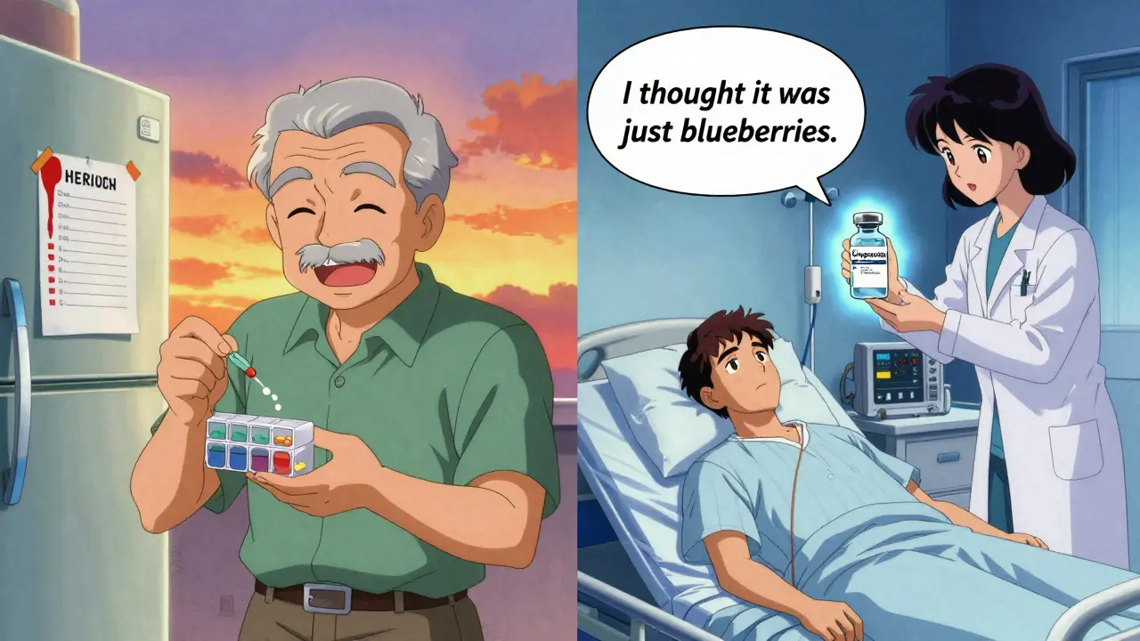 Split scene: man safely taking pills at home vs. unconscious in hospital with antidote vial glowing.