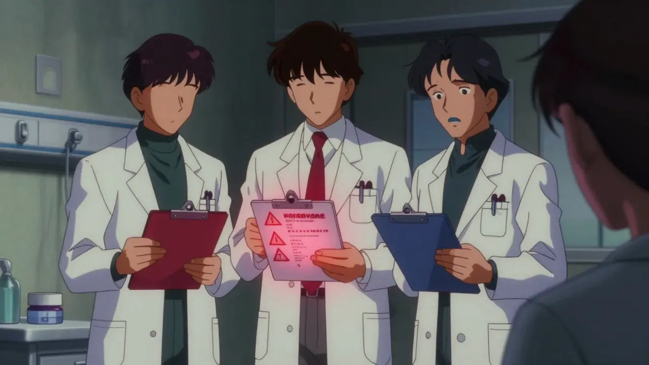 Three doctors with blurred faces review a red-warning chart while a silent patient watches in fear.