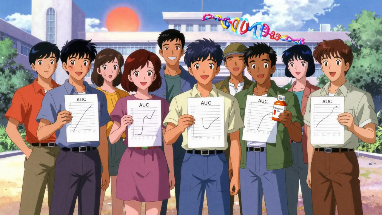 Transplant patients in a courtyard, each showing mild side effects, with a gene strand and blood test charts nearby.