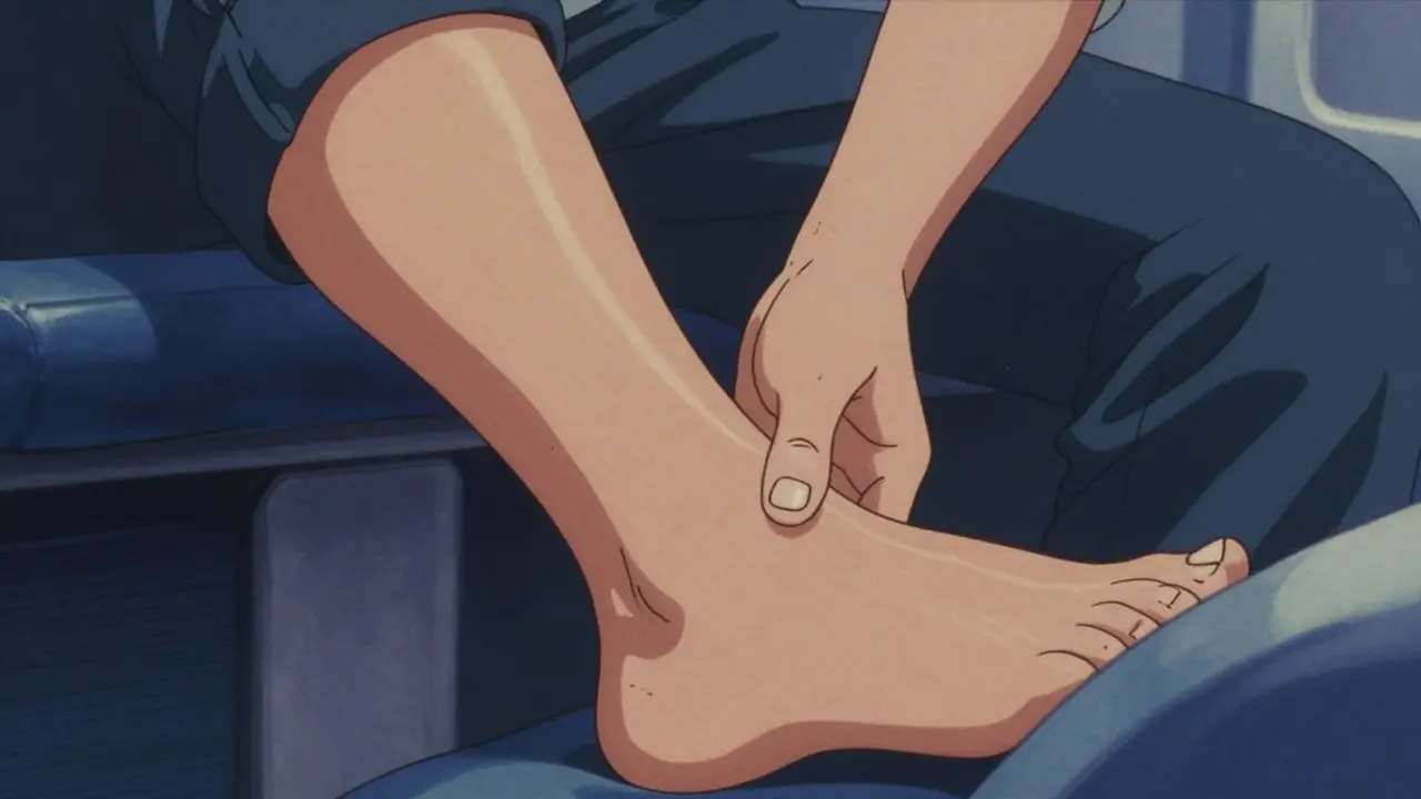 Traveler noticing leg swelling during flight