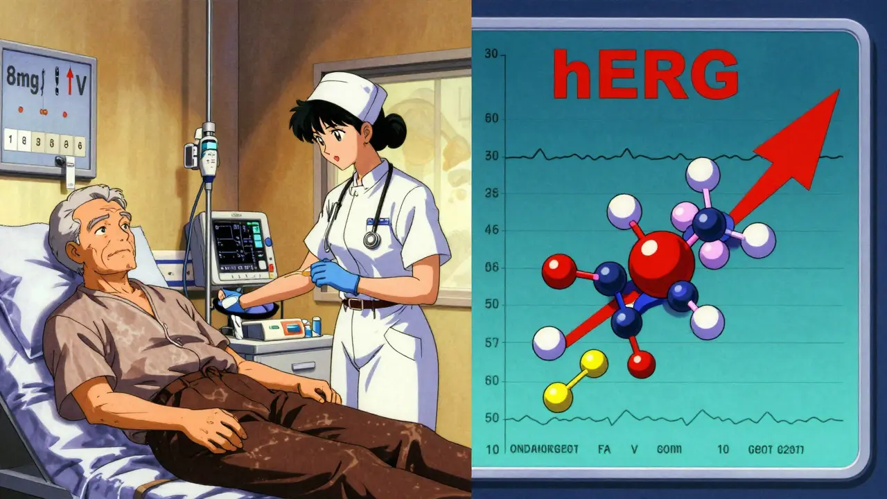 Two patients side by side: one being monitored safely, another with animated heart cell blockage diagram.