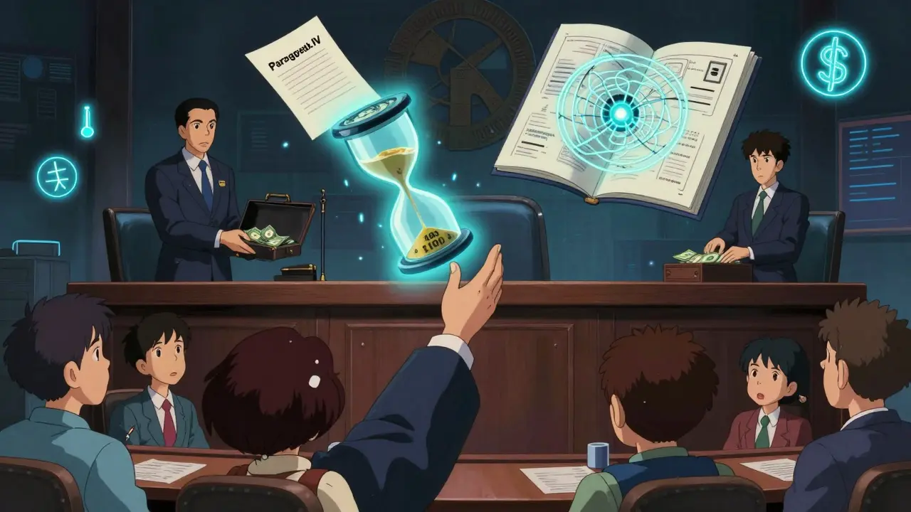 A courtroom scene with a Paragraph IV document turning into an hourglass, while pay-for-delay cash exchange happens nearby.