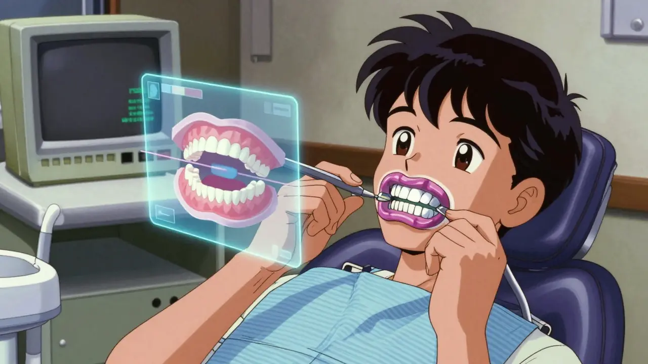 A dentist adjusting a mandibular advancement device while a digital jaw scan floats in the air.