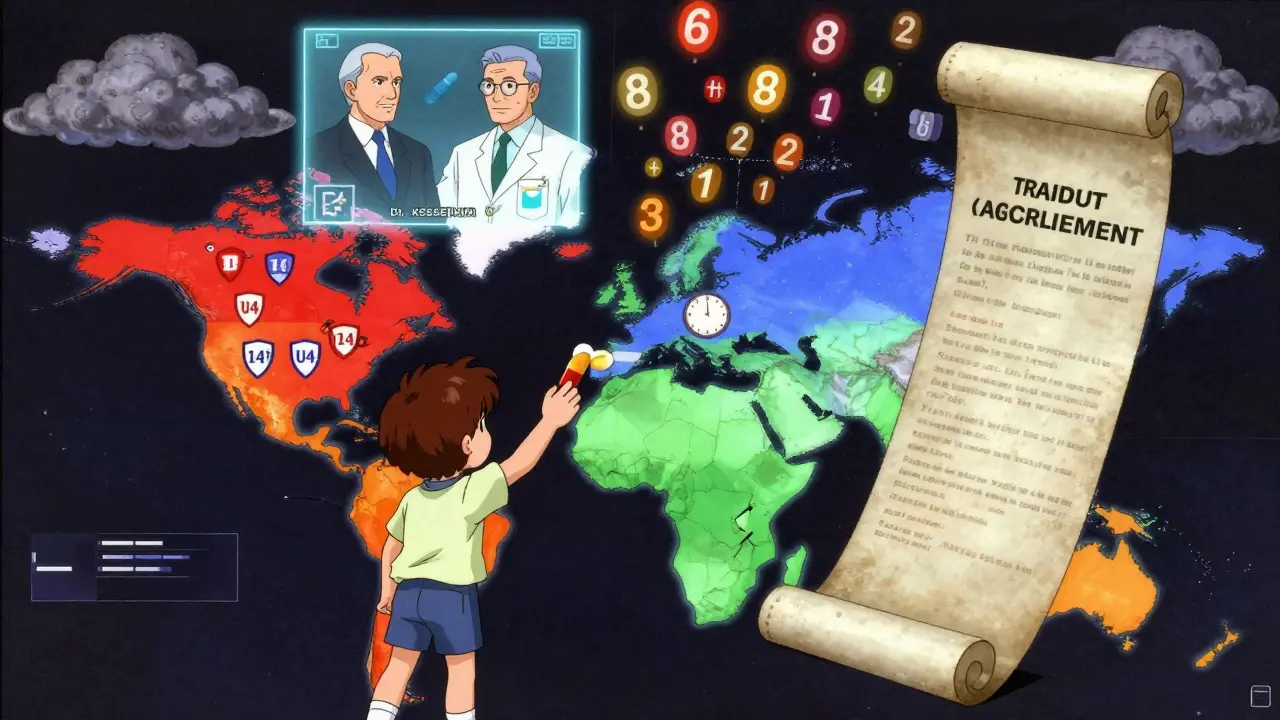 A global map showing exclusivity barriers, with a child reaching for a generic pill blocked by a trade agreement scroll.