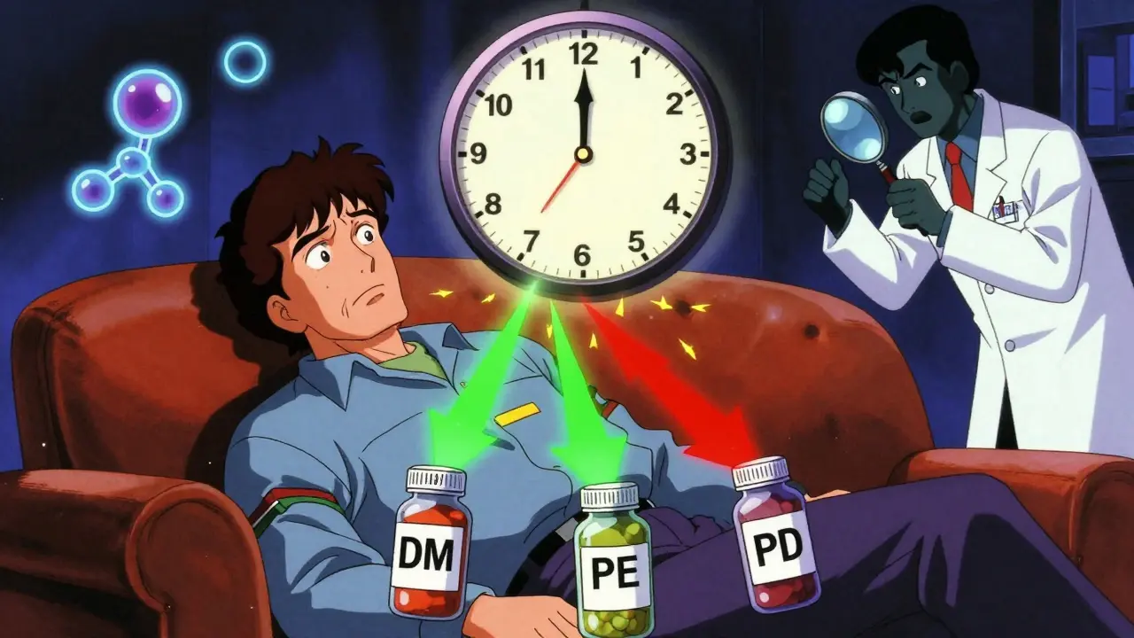 A man on a couch with glowing arrows pointing to medicine ingredients, surrounded by pulsing health risk symbols.