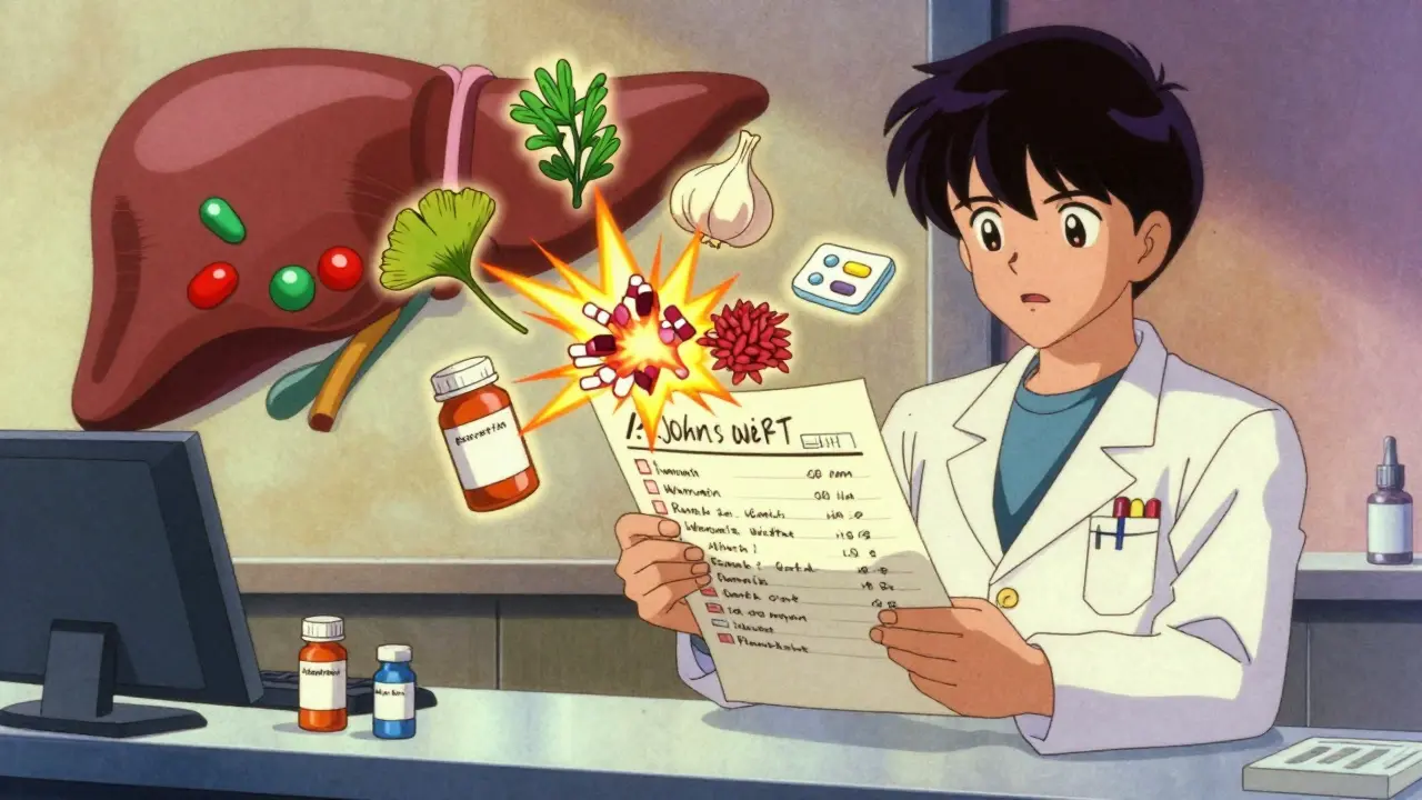 A pharmacist holding a list of supplements and medications, with dangerous chemical interactions glowing and sparking above prescription bottles.
