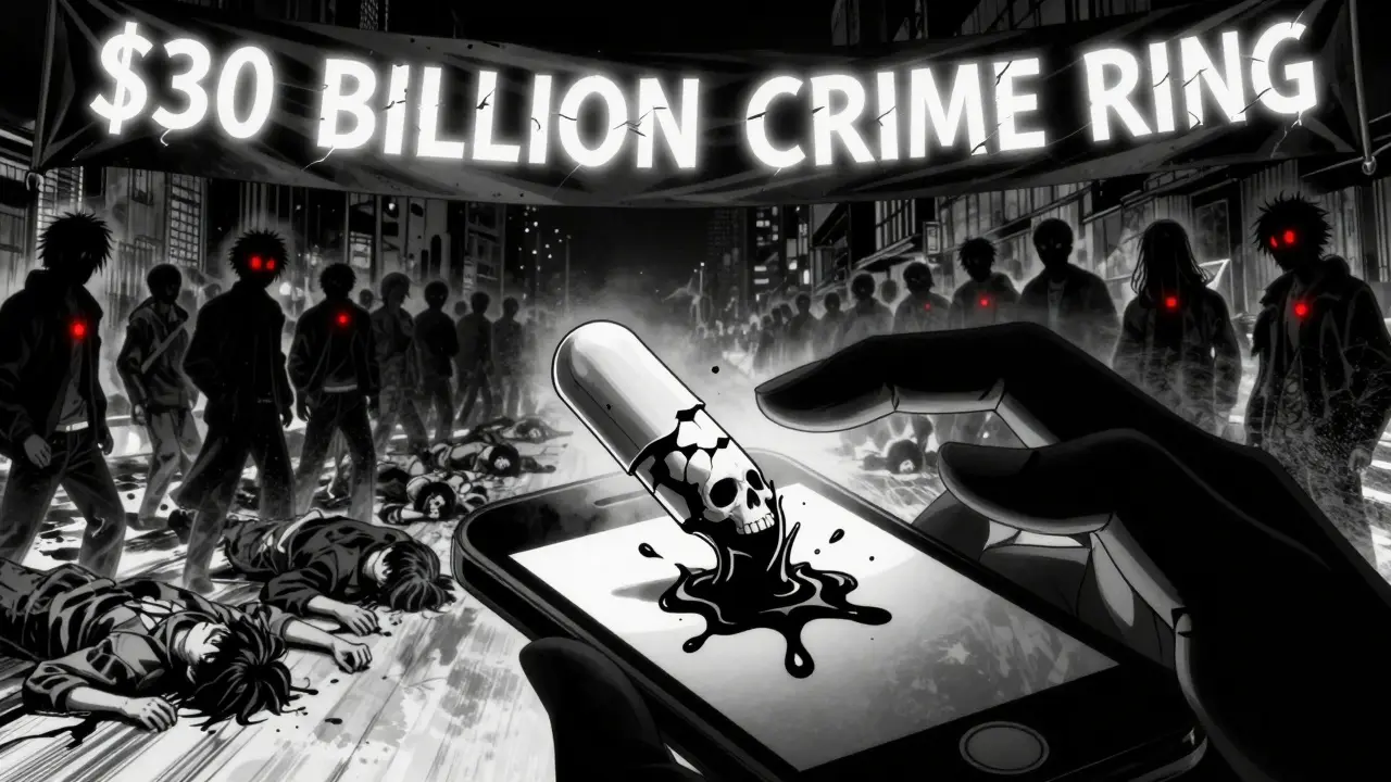 A pill cracks open to reveal a skull inside, while people collapse in the background under a crime ring banner.