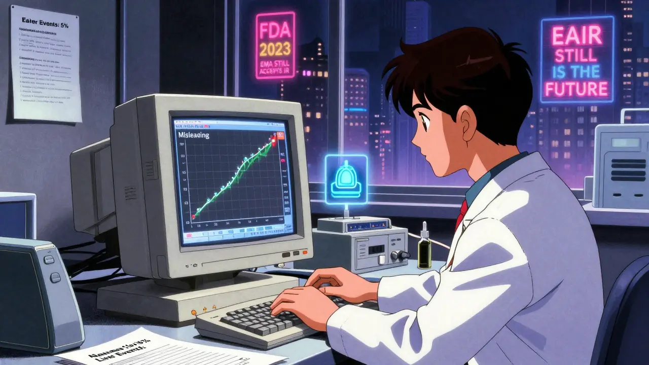 A scientist in a lab compares misleading IR and accurate EAIR graphs on a vintage computer with PhUSE macro visible.