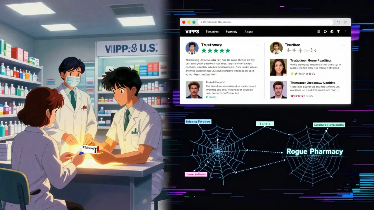 A split scene: a safe U.S. pharmacy on one side, a fake online pharmacy with illegal ads on the other.