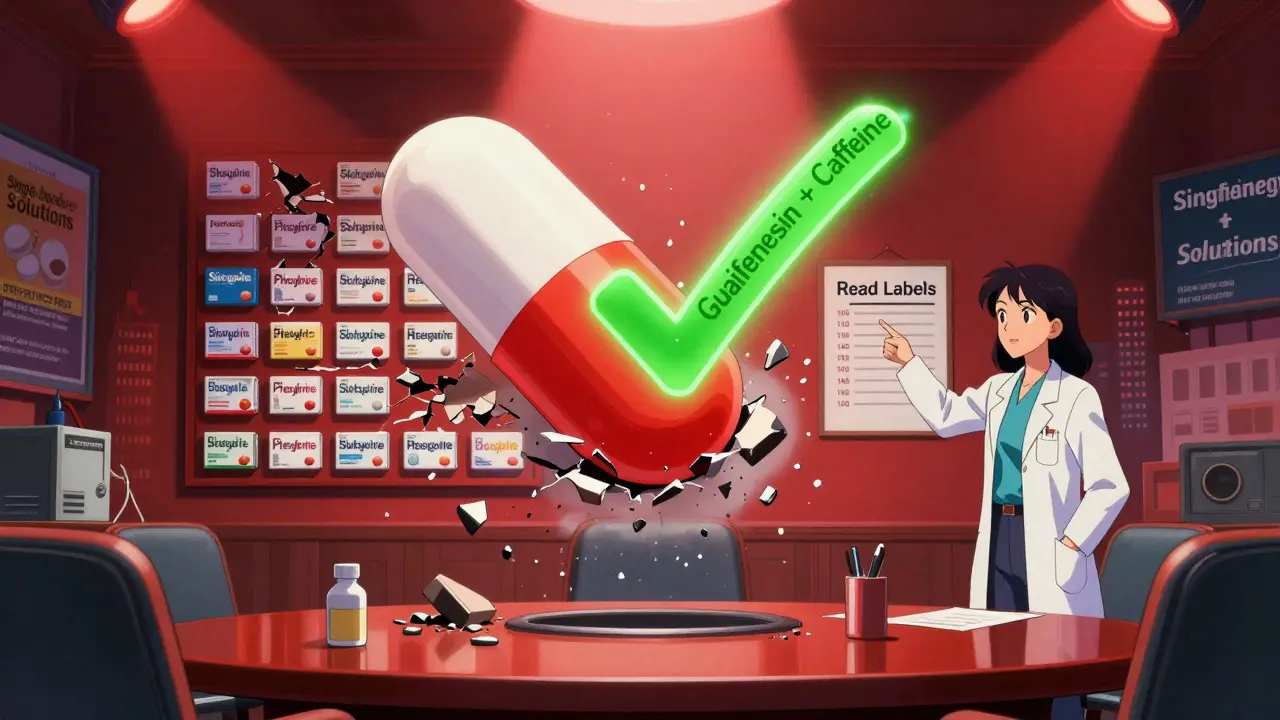 An FDA meeting where phenylephrine pills shatter into dust as safer alternatives are revealed in retro anime style.