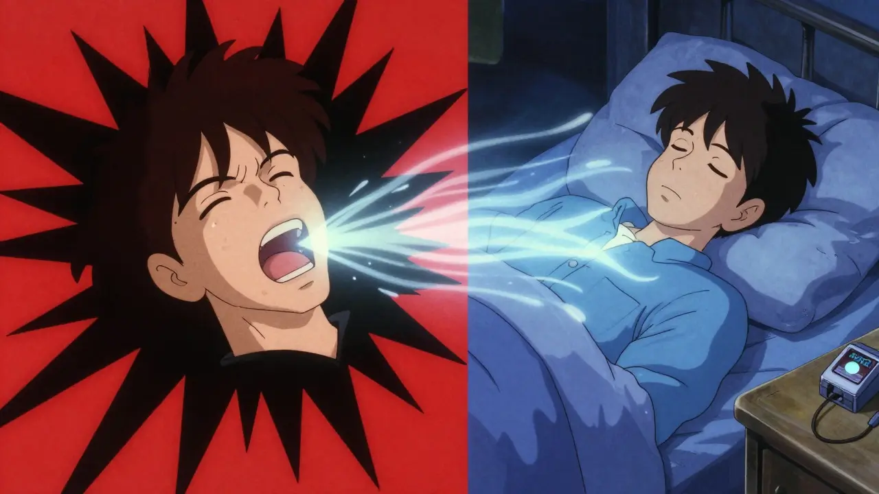 Before and after: violent snoring on left, peaceful sleep with open airway on right, oral appliance visible.