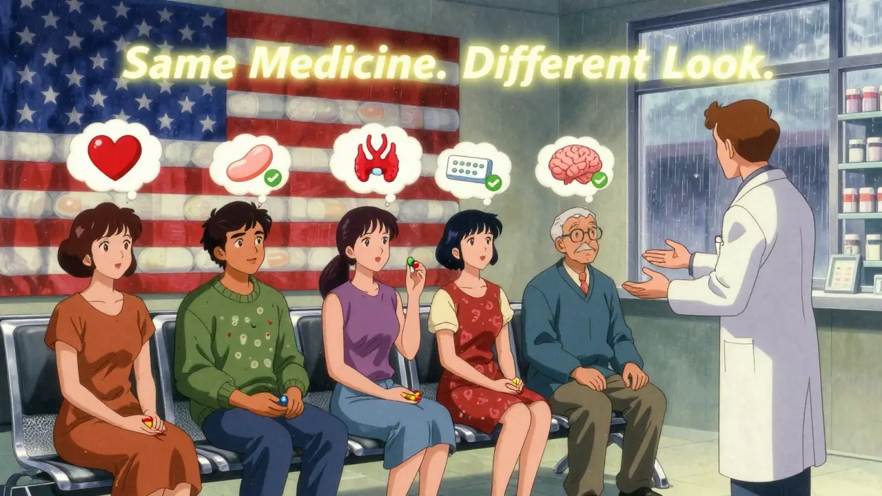 Diverse patients in pharmacy with thought bubbles showing high-risk medications and green checkmarks.