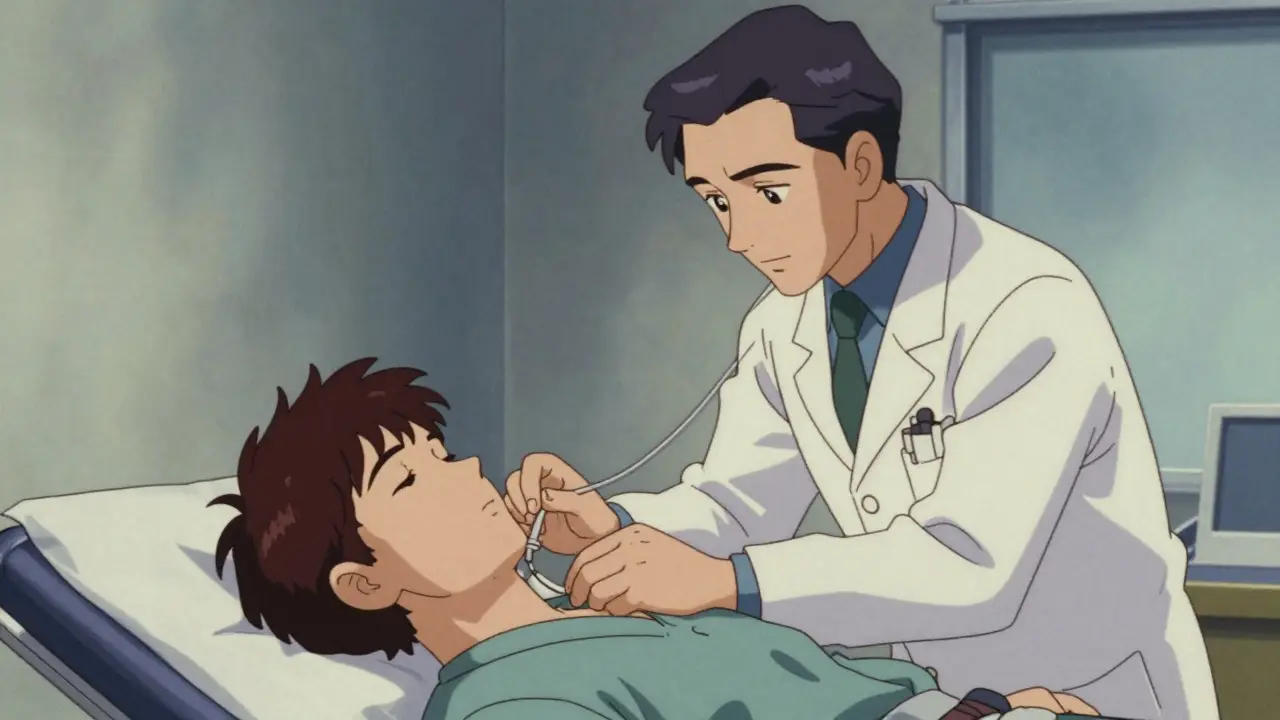 Doctor performing a medical throat examination with diagnostic equipment.